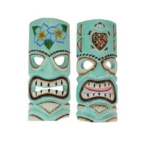Aqua Blue Tiki Wall Masks – Flower & Sea Turtle Design, 12"x5"x2" Tropical Decor
